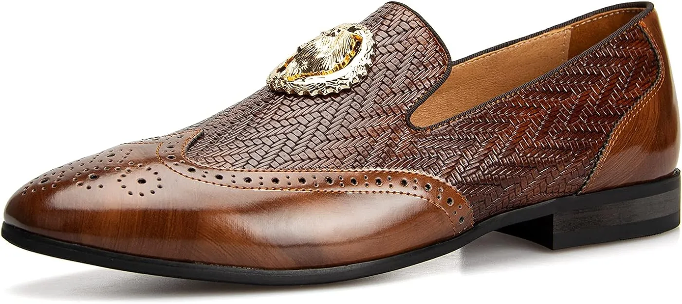 Men's Leather Brown Chevron Gold Lion Loafer Dress Shoes