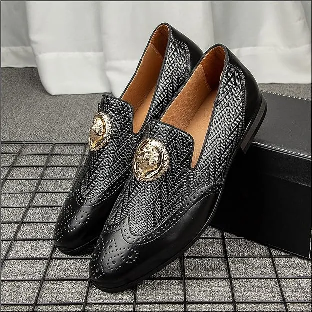 Men's Leather Brown Chevron Gold Lion Loafer Dress Shoes