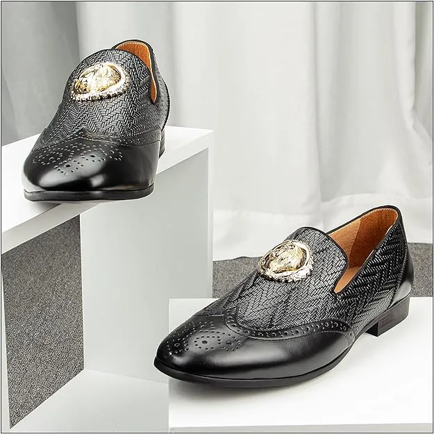 Men's Leather Brown Chevron Gold Lion Loafer Dress Shoes