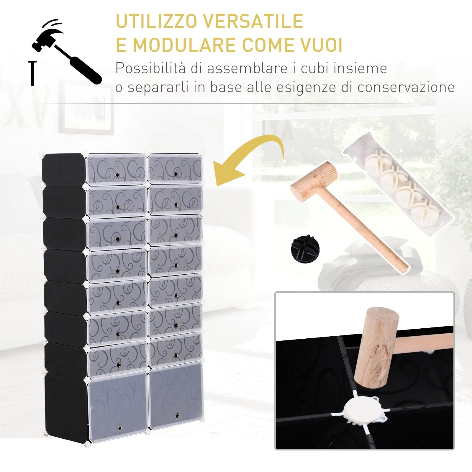 Modular Scarpera 16 cubes in PP black and white 95x37x160cm