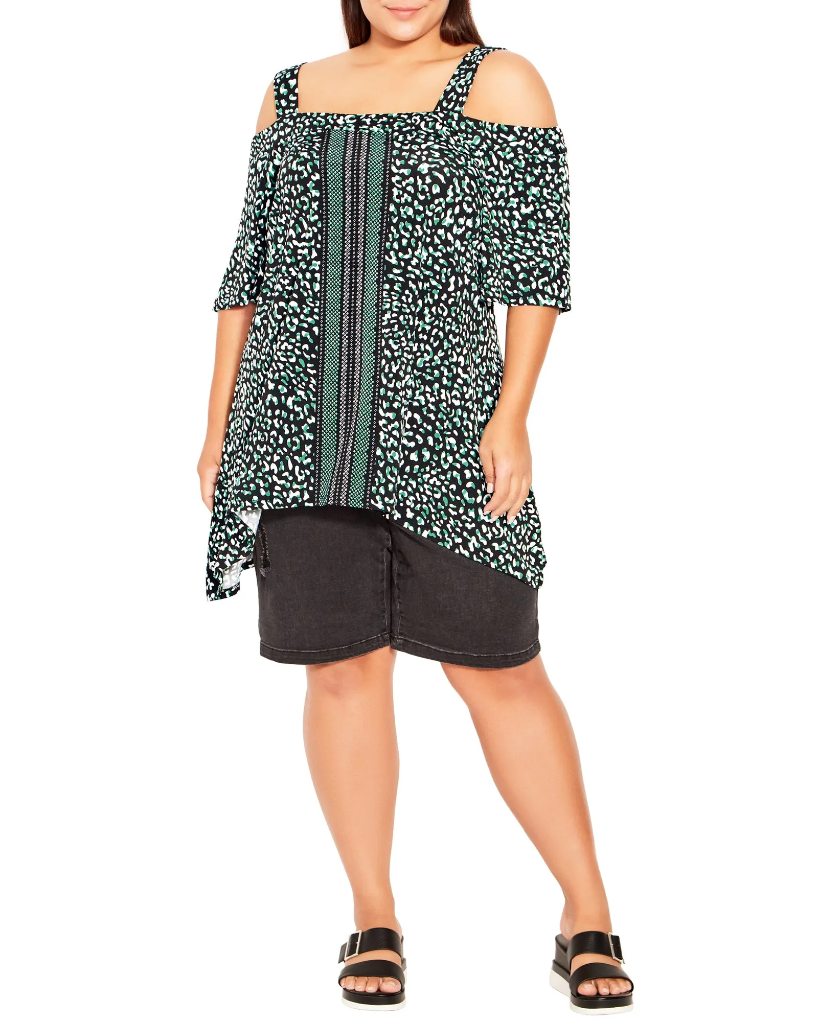 Naylei Mixed Print Cold Shoulder Tunic | Black / Kelly Green