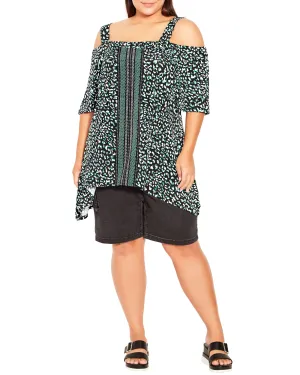 Naylei Mixed Print Cold Shoulder Tunic | Black / Kelly Green