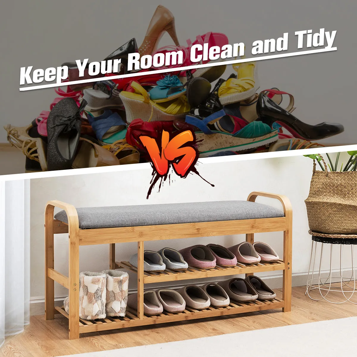 NNECW 3-Tier Bamboo Shoe Bench with Cushion for Hallway