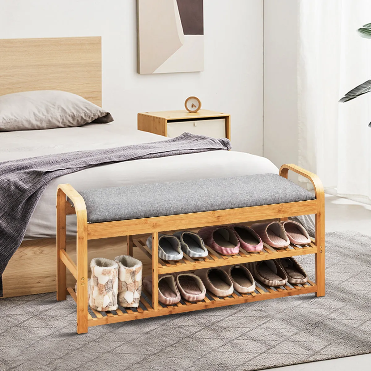 NNECW 3-Tier Bamboo Shoe Bench with Cushion for Hallway