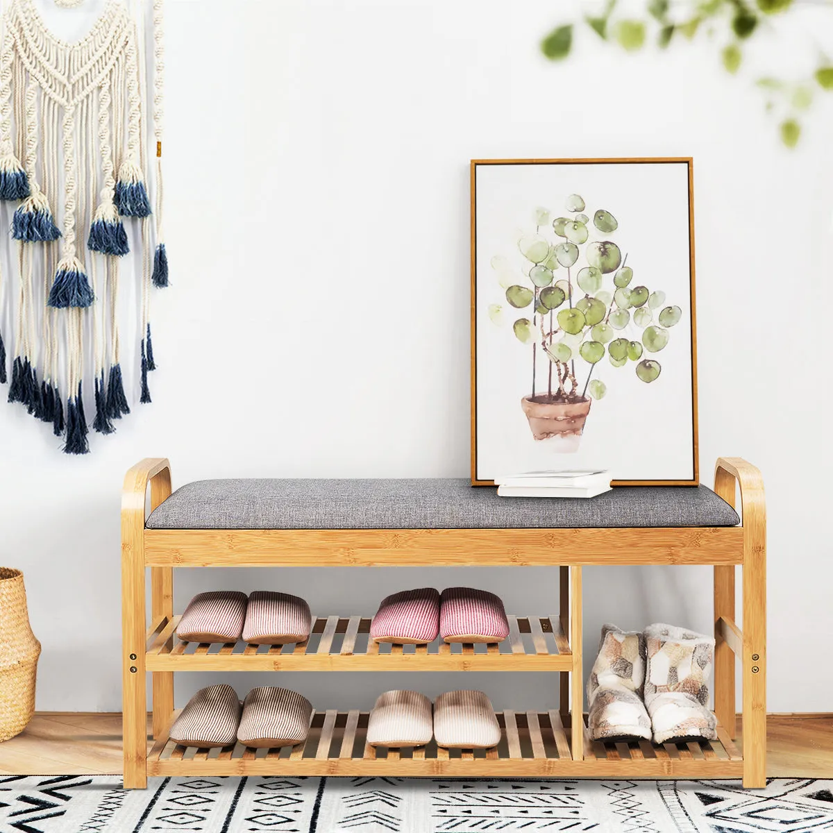 NNECW 3-Tier Bamboo Shoe Bench with Cushion for Hallway
