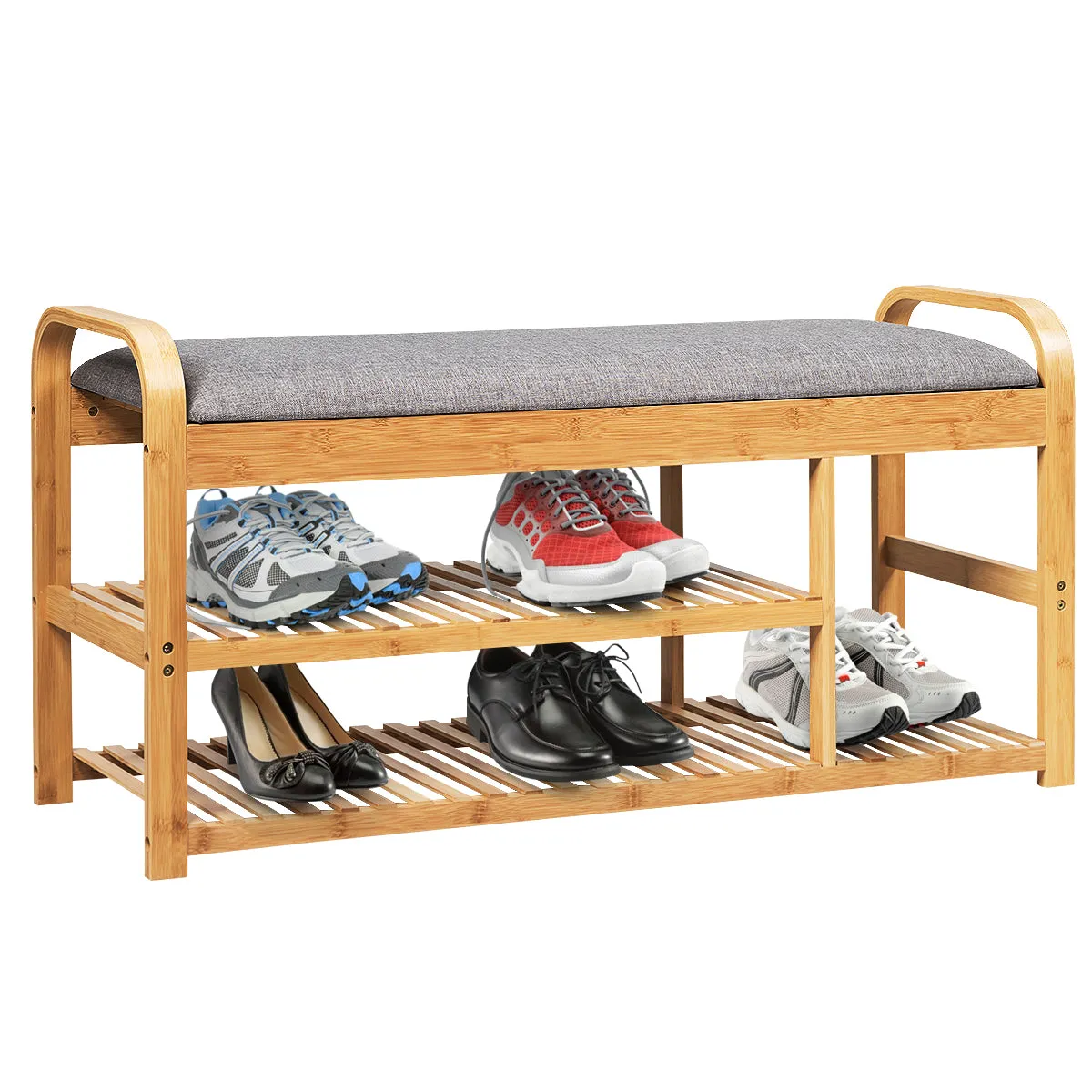 NNECW 3-Tier Bamboo Shoe Bench with Cushion for Hallway