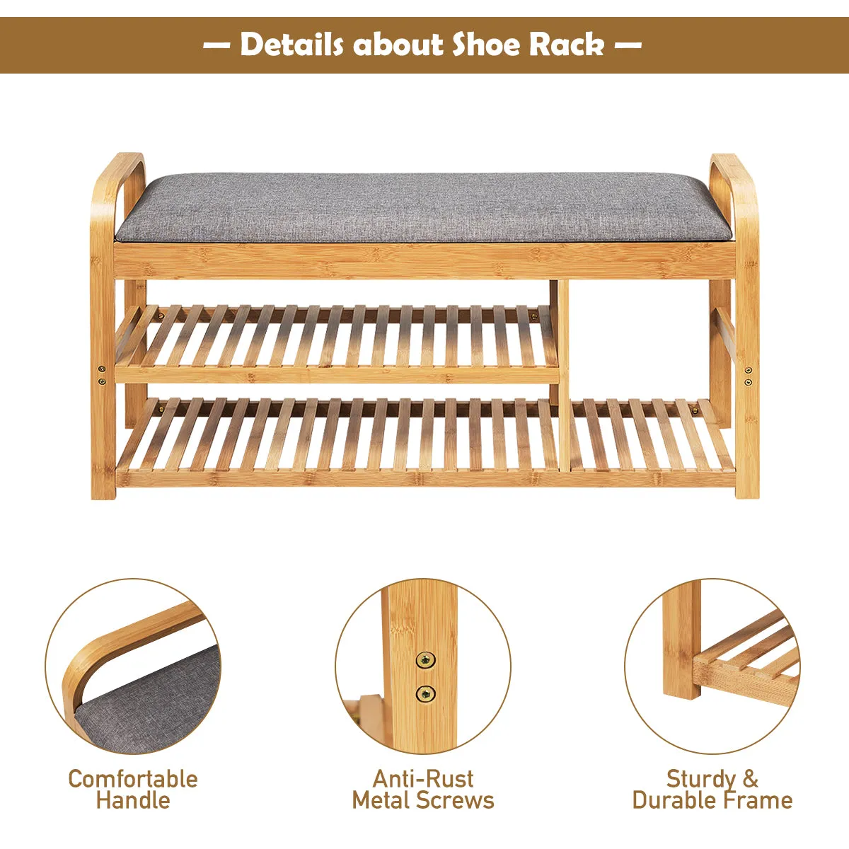 NNECW 3-Tier Bamboo Shoe Bench with Cushion for Hallway