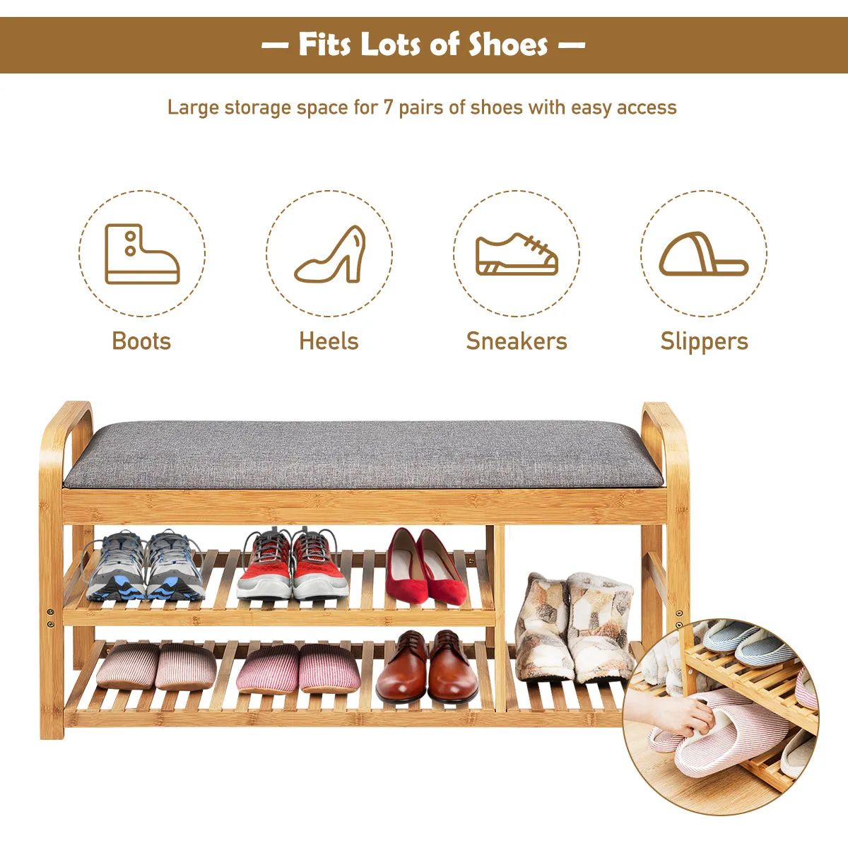 NNECW 3-Tier Bamboo Shoe Bench with Cushion for Hallway