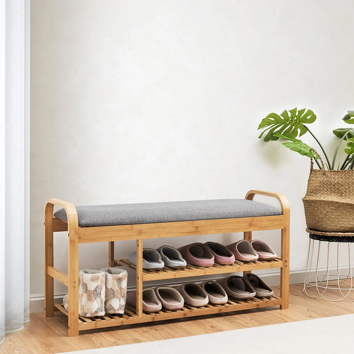 NNECW 3-Tier Bamboo Shoe Bench with Cushion for Hallway