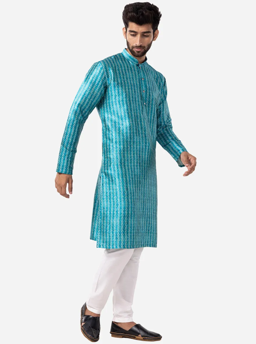 Peacock Blue Printed Silk Blend Kurta | The Kurta Company