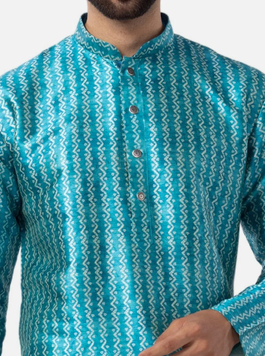 Peacock Blue Printed Silk Blend Kurta | The Kurta Company