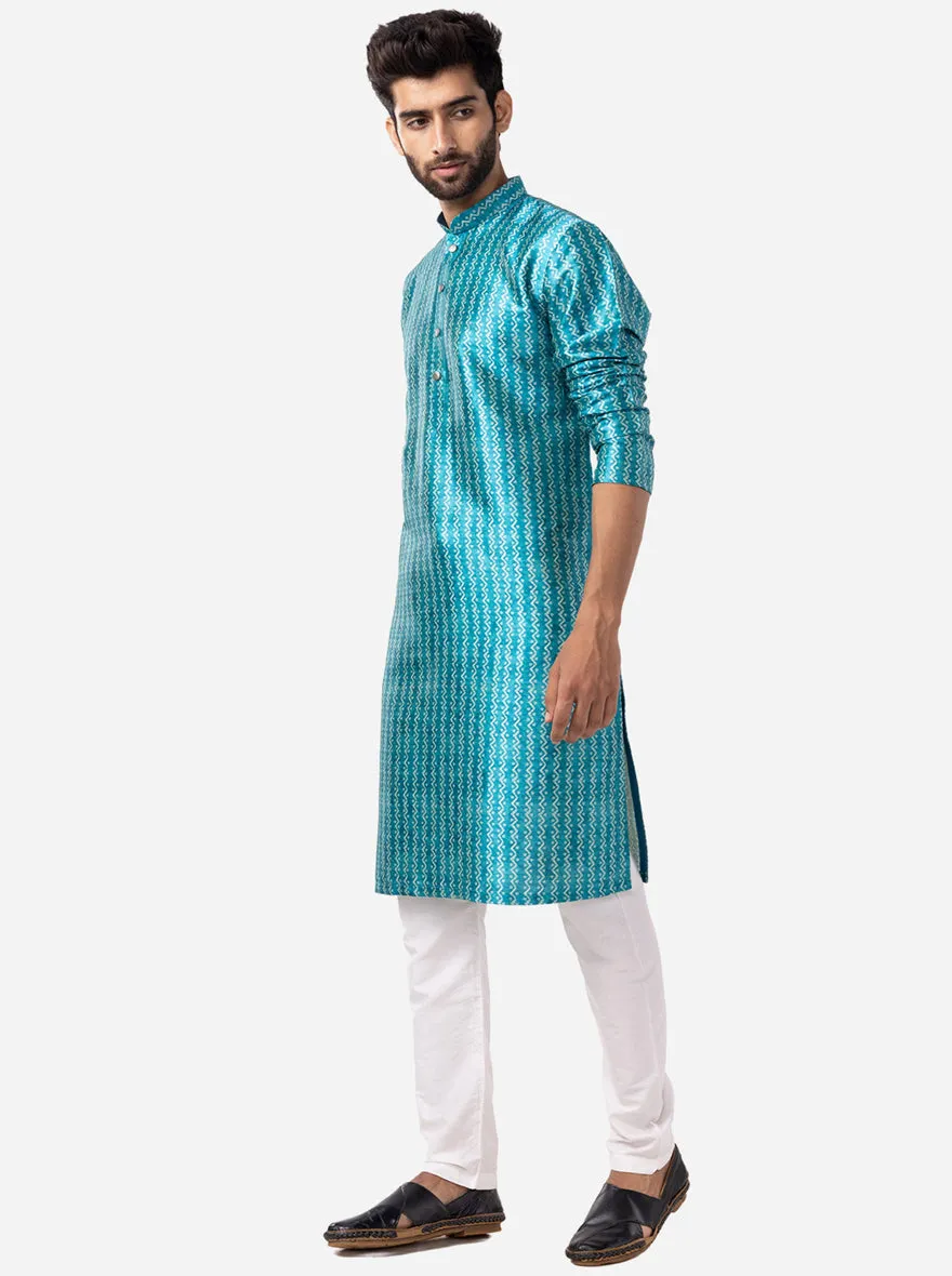 Peacock Blue Printed Silk Blend Kurta | The Kurta Company