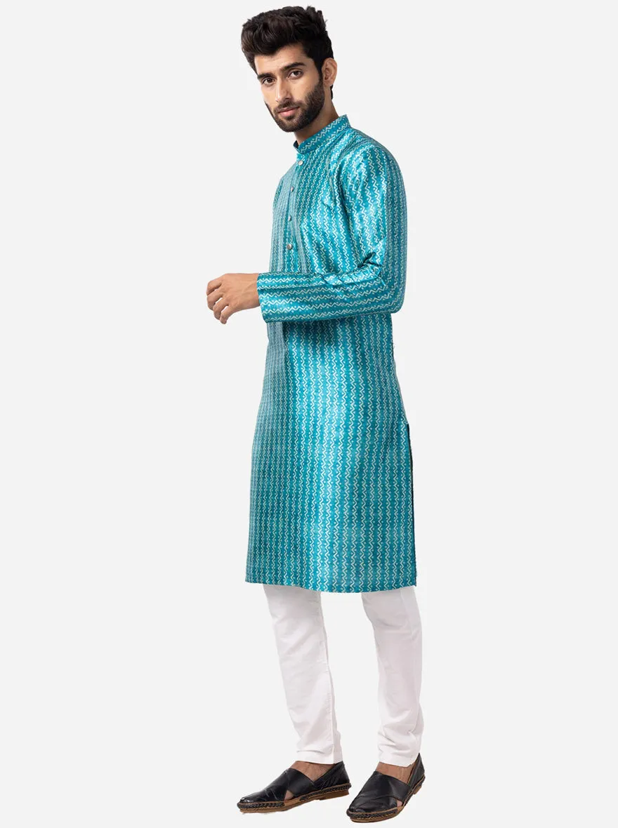 Peacock Blue Printed Silk Blend Kurta | The Kurta Company