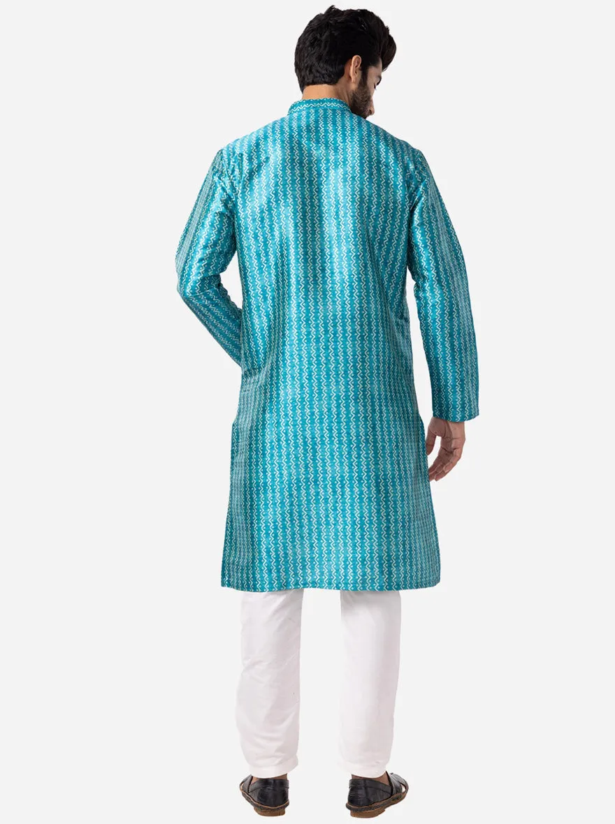Peacock Blue Printed Silk Blend Kurta | The Kurta Company