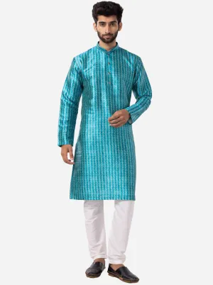 Peacock Blue Printed Silk Blend Kurta | The Kurta Company