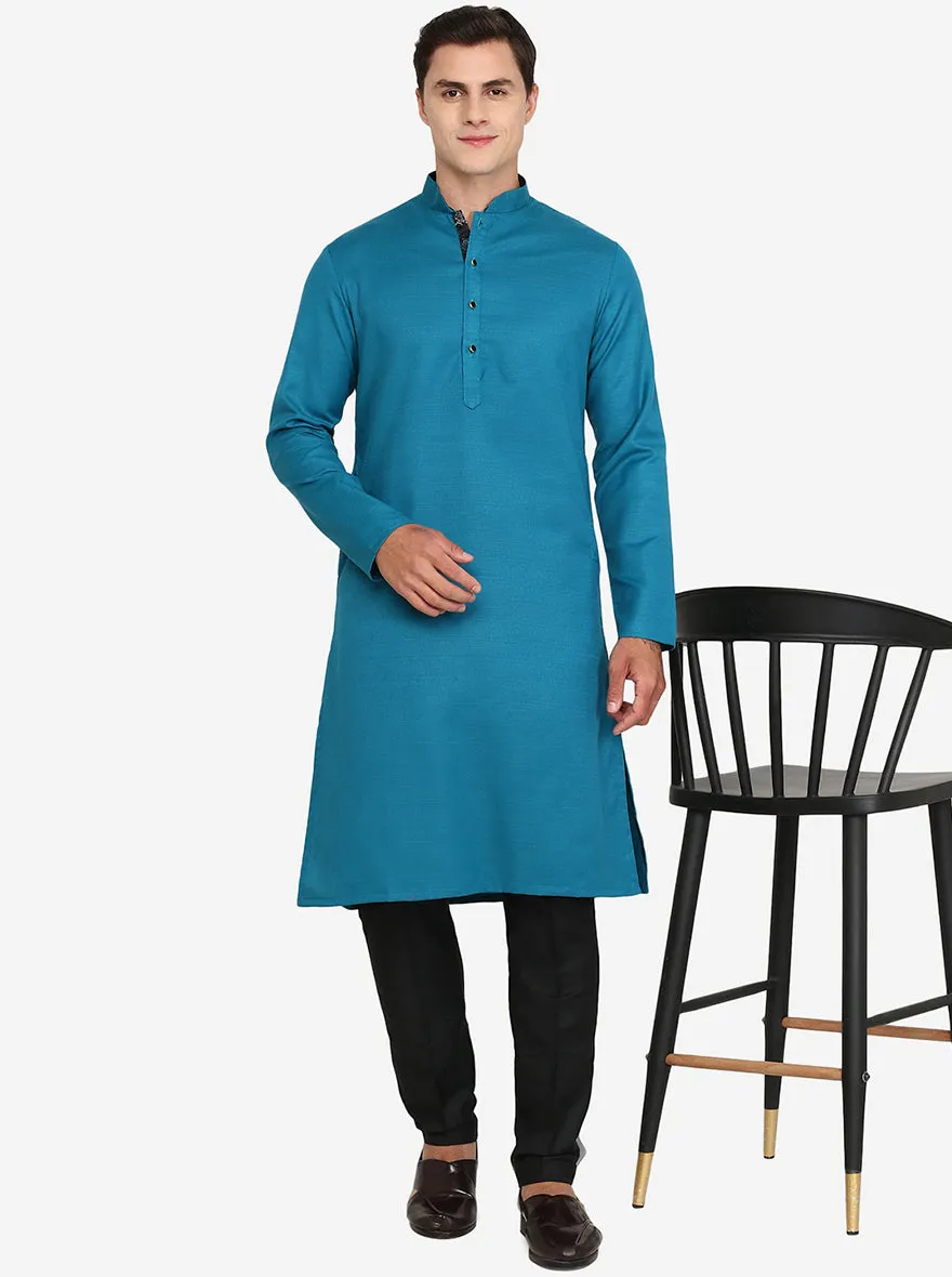 Peacock Blue Solid Silk Blend Kurta | The Kurta Company