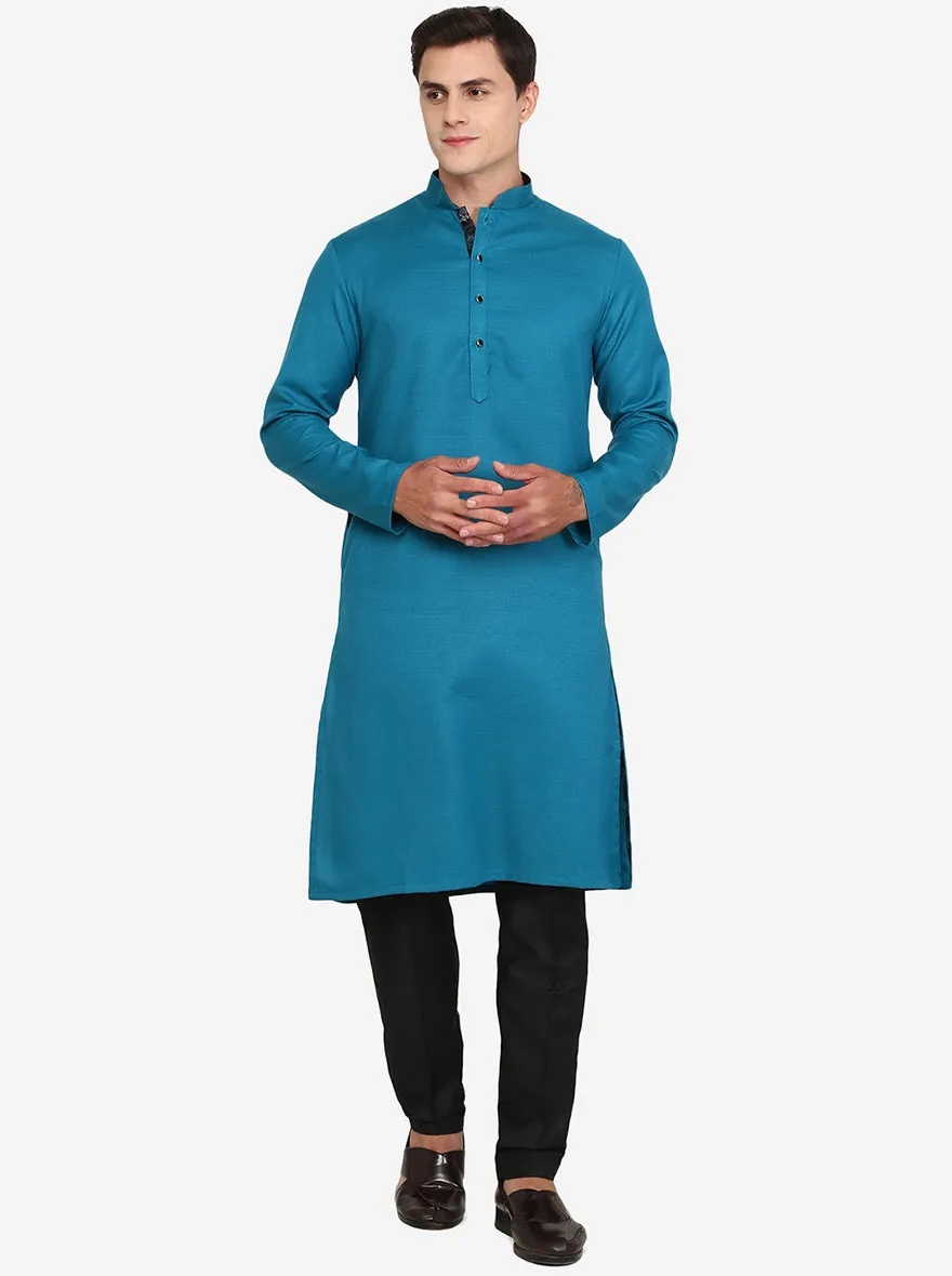 Peacock Blue Solid Silk Blend Kurta | The Kurta Company