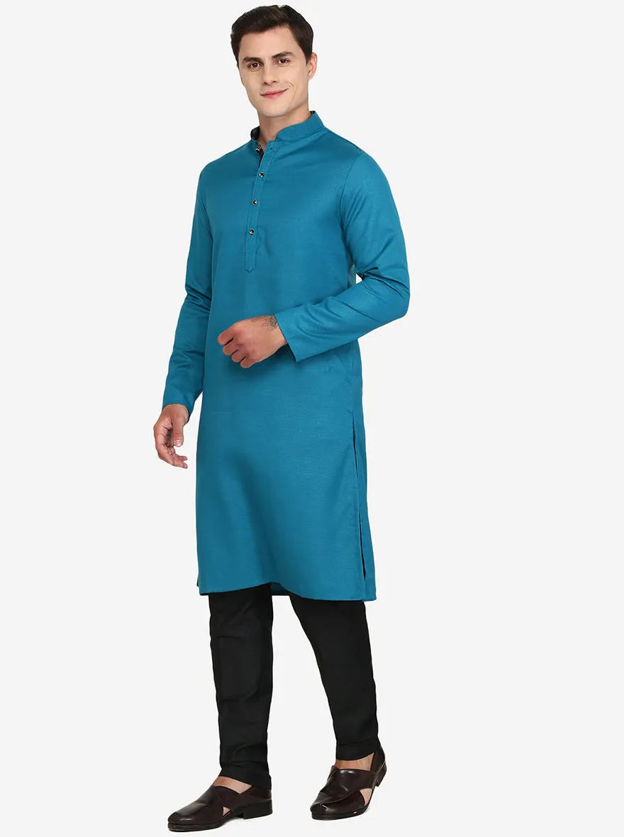 Peacock Blue Solid Silk Blend Kurta | The Kurta Company