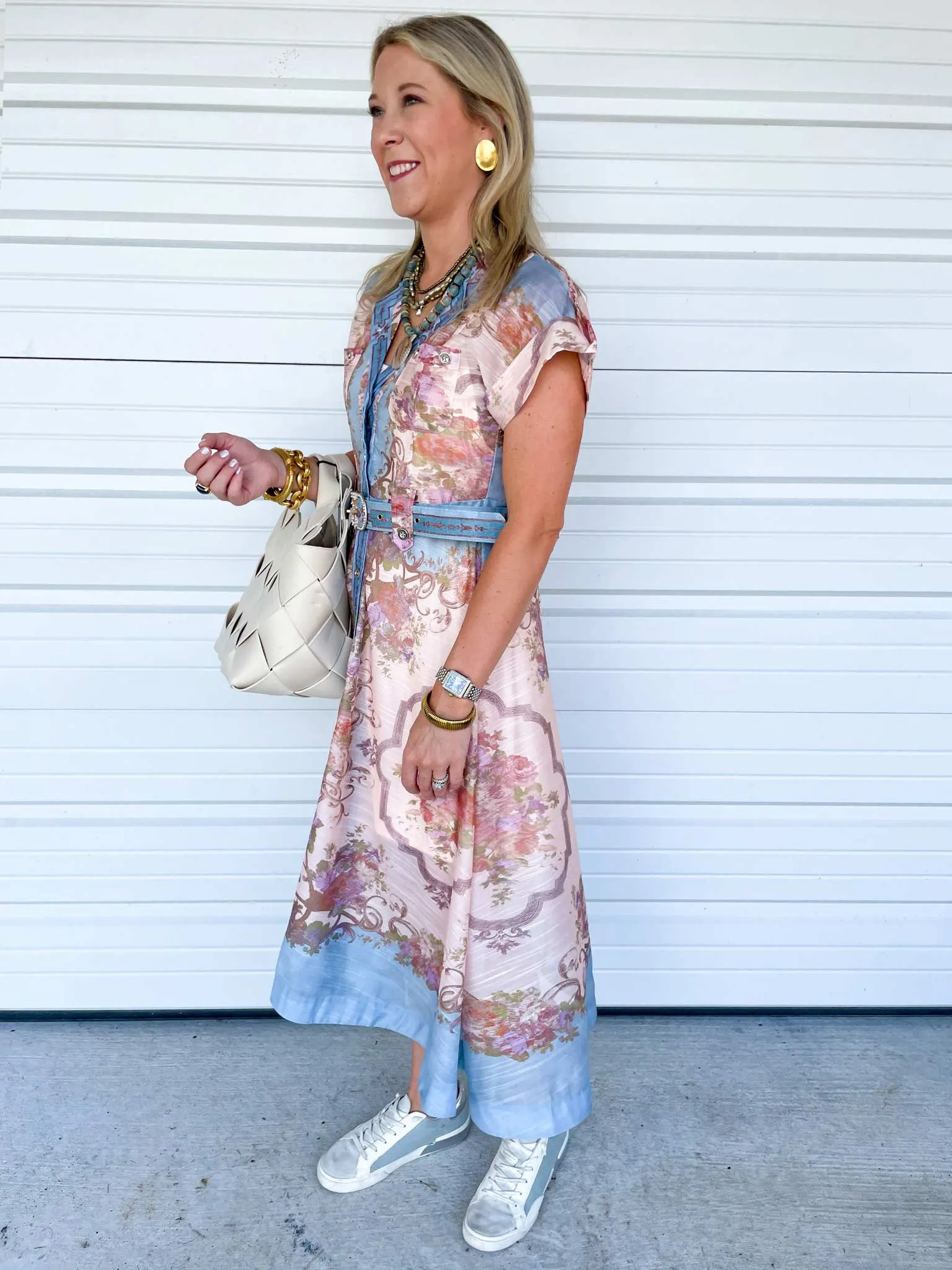 Pink Floral Print Midi Belted Dress