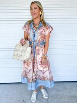 Pink Floral Print Midi Belted Dress