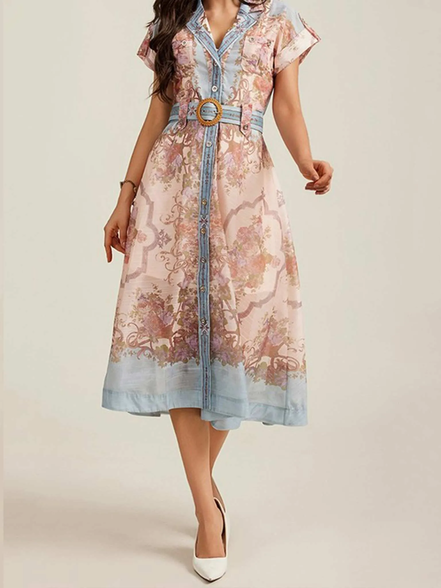 Pink Floral Print Midi Belted Dress