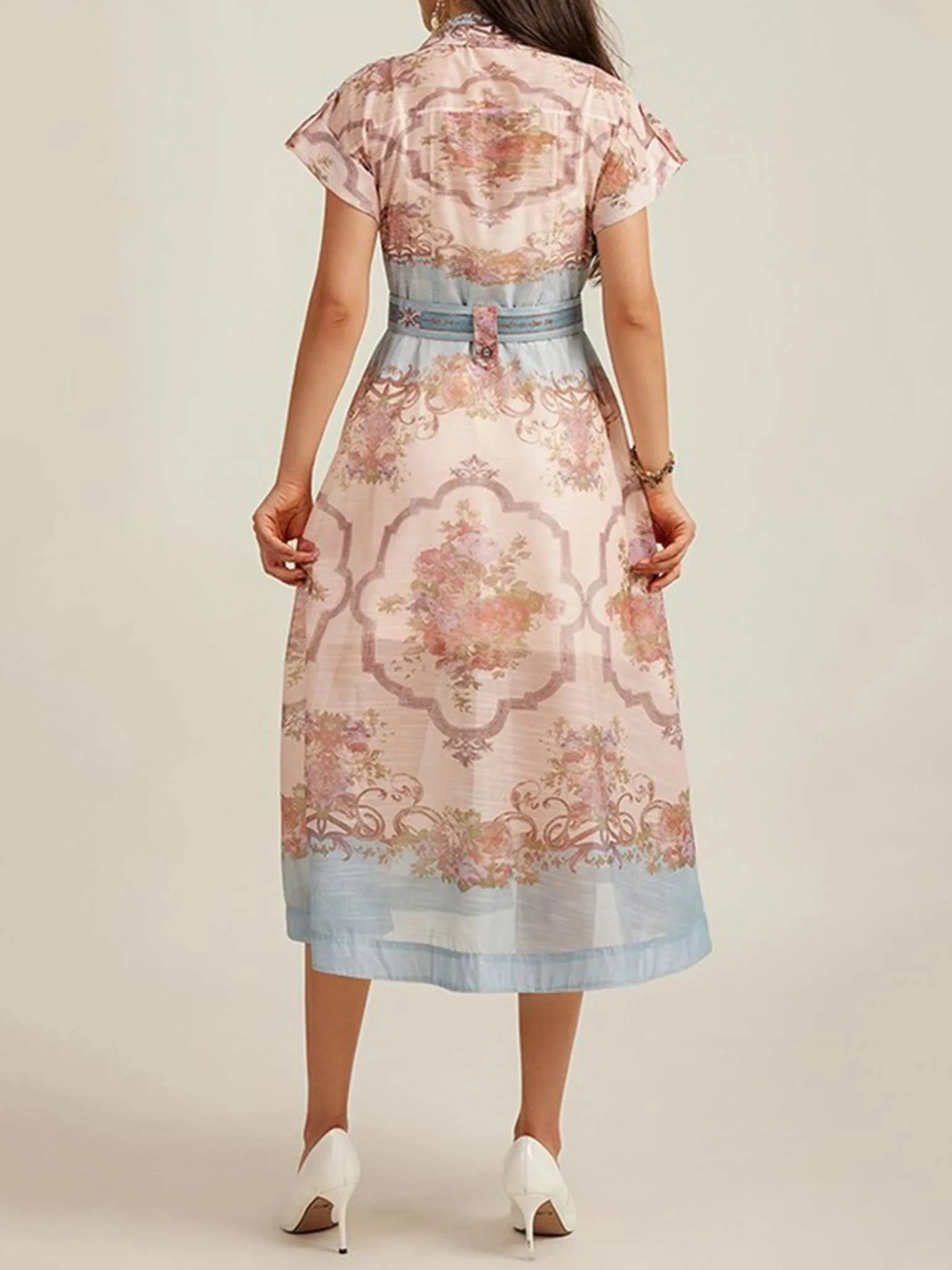 Pink Floral Print Midi Belted Dress