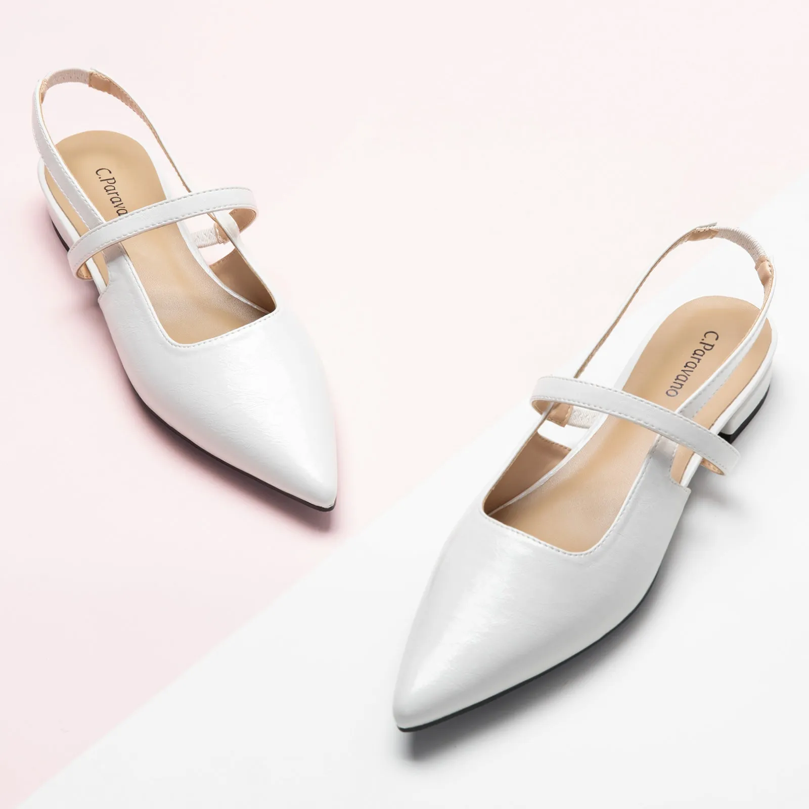 Pointed Toe Slingback Flats (Freya) White