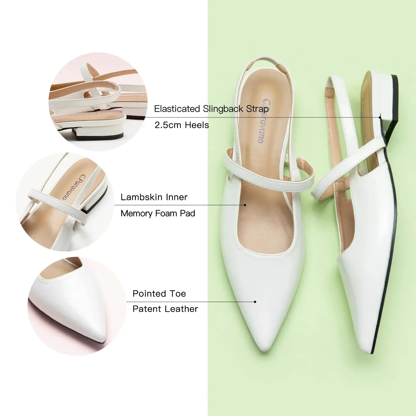 Pointed Toe Slingback Flats (Freya) White