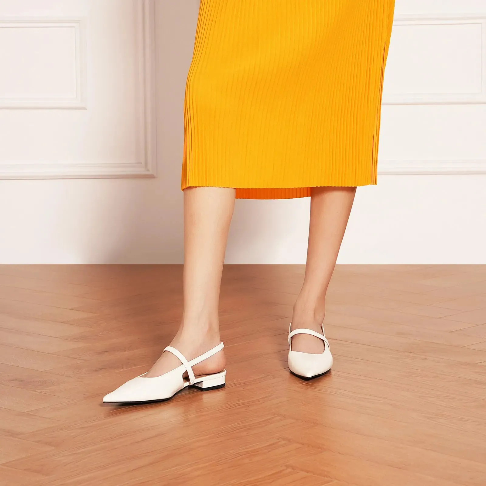 Pointed Toe Slingback Flats (Freya) White