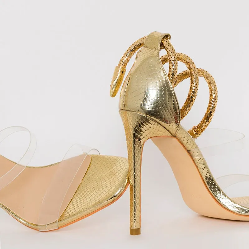 Serpentine Metal Ring Square Head Water Drill Stiletto Sandals