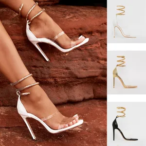 Serpentine Metal Ring Square Head Water Drill Stiletto Sandals