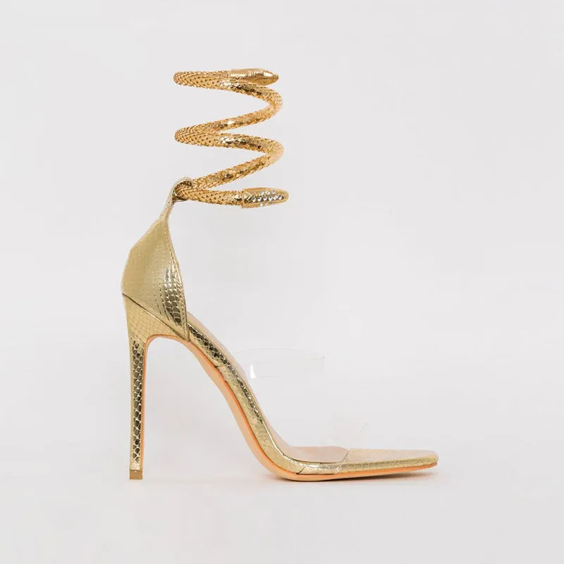 Serpentine Metal Ring Square Head Water Drill Stiletto Sandals