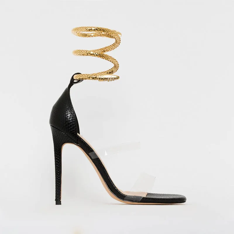 Serpentine Metal Ring Square Head Water Drill Stiletto Sandals