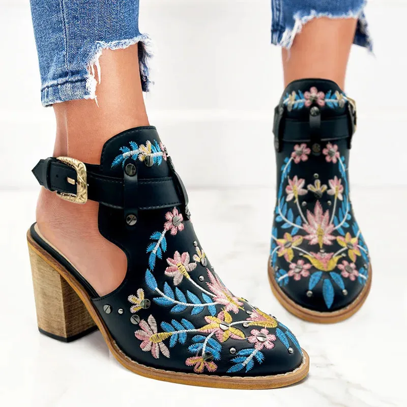 Summer Women's Vintage Floral Embroidery Wood Block High Heeled Buckle Strap Sandals Shoes