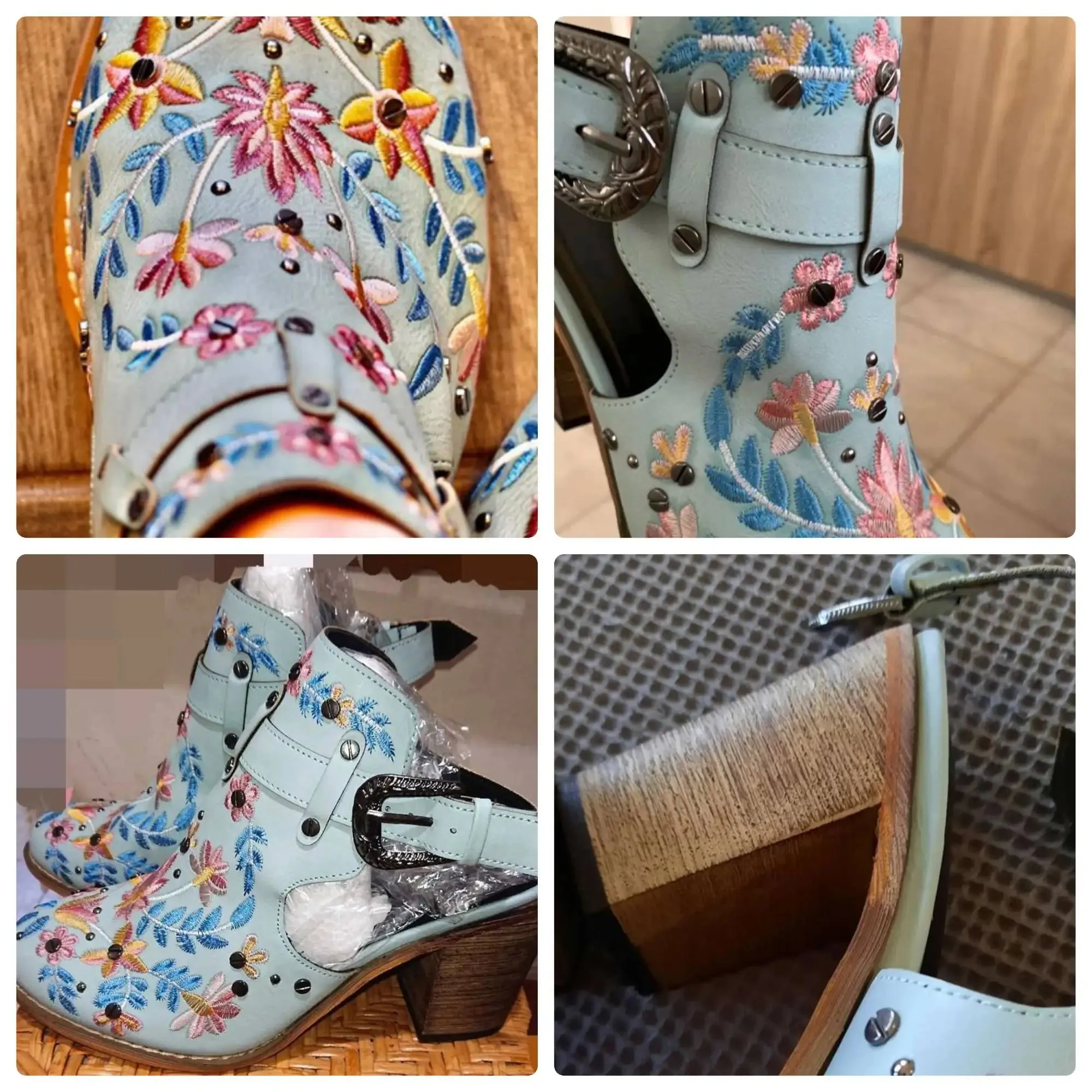 Summer Women's Vintage Floral Embroidery Wood Block High Heeled Buckle Strap Sandals Shoes