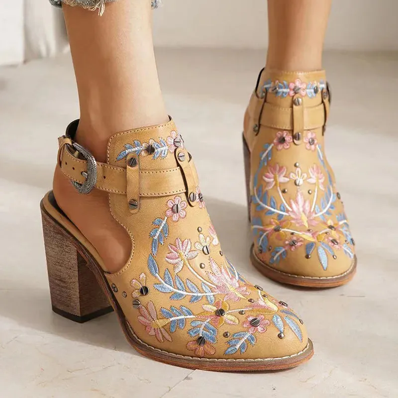 Summer Women's Vintage Floral Embroidery Wood Block High Heeled Buckle Strap Sandals Shoes