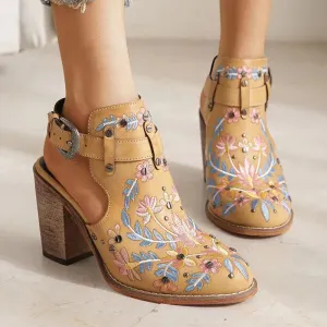 Summer Women's Vintage Floral Embroidery Wood Block High Heeled Buckle Strap Sandals Shoes