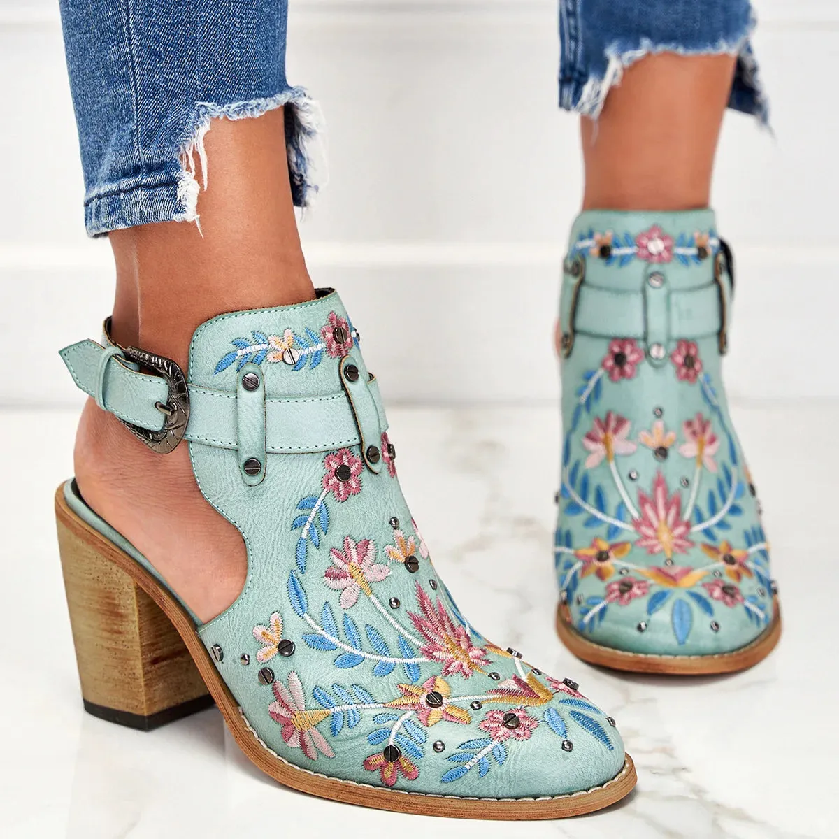 Summer Women's Vintage Floral Embroidery Wood Block High Heeled Buckle Strap Sandals Shoes