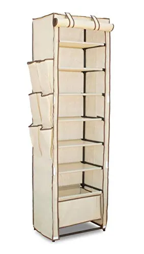 Topline 10-Tier Portable Covered Shoe Tower Closet Rack Organizer with Side Pockets and Boot Basket - Beige