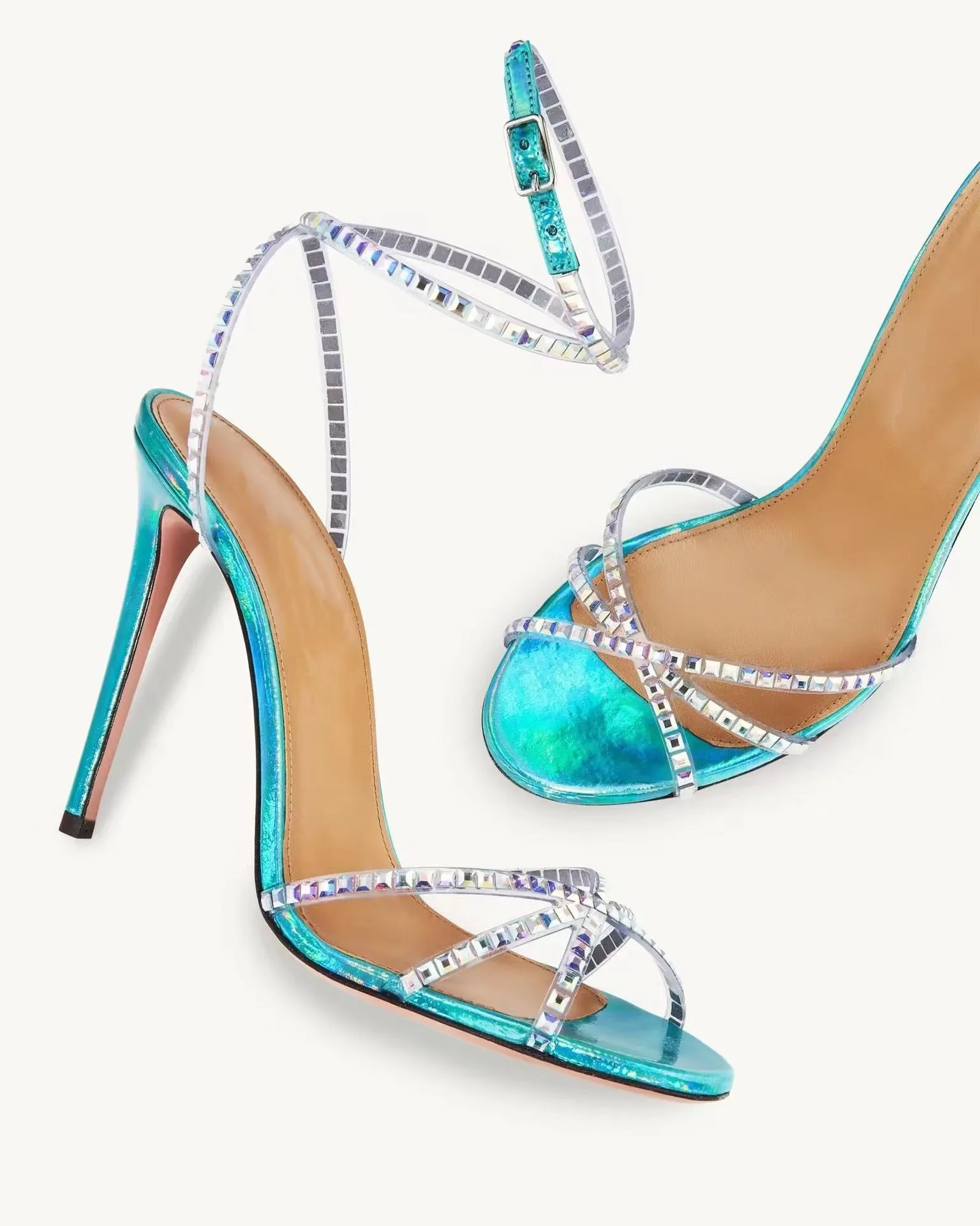 Translucent Film Round-Toe Cross-Strap Stiletto Sandals