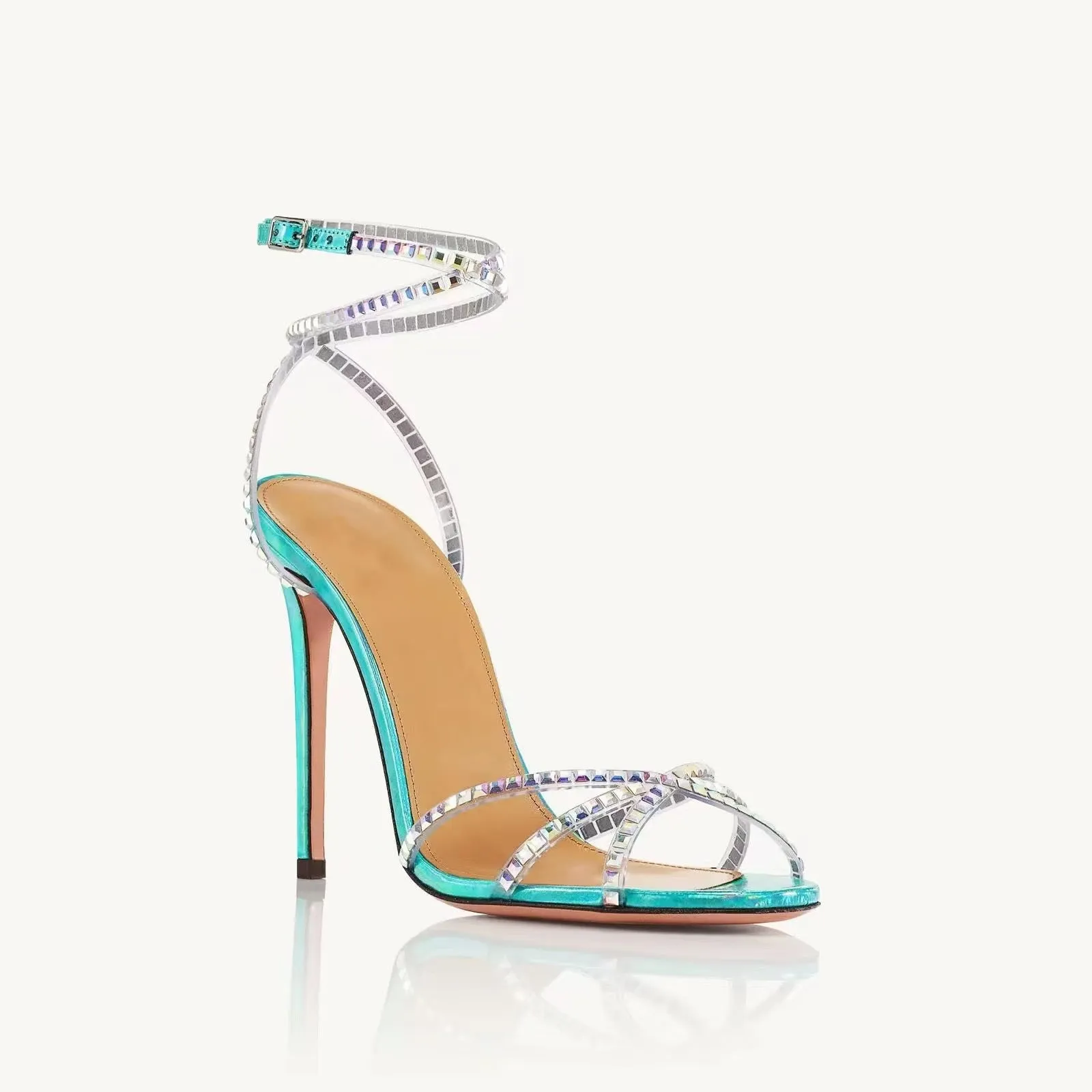 Translucent Film Round-Toe Cross-Strap Stiletto Sandals