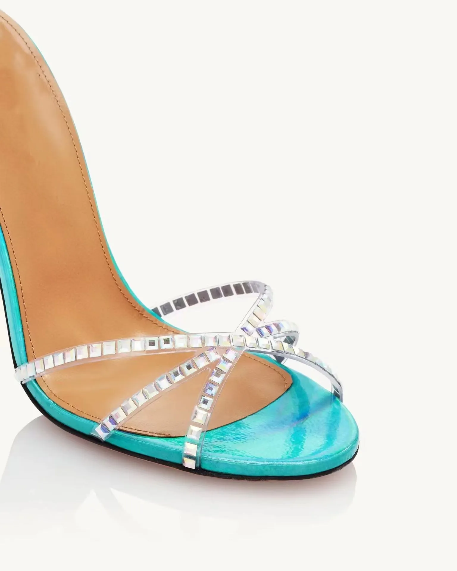 Translucent Film Round-Toe Cross-Strap Stiletto Sandals