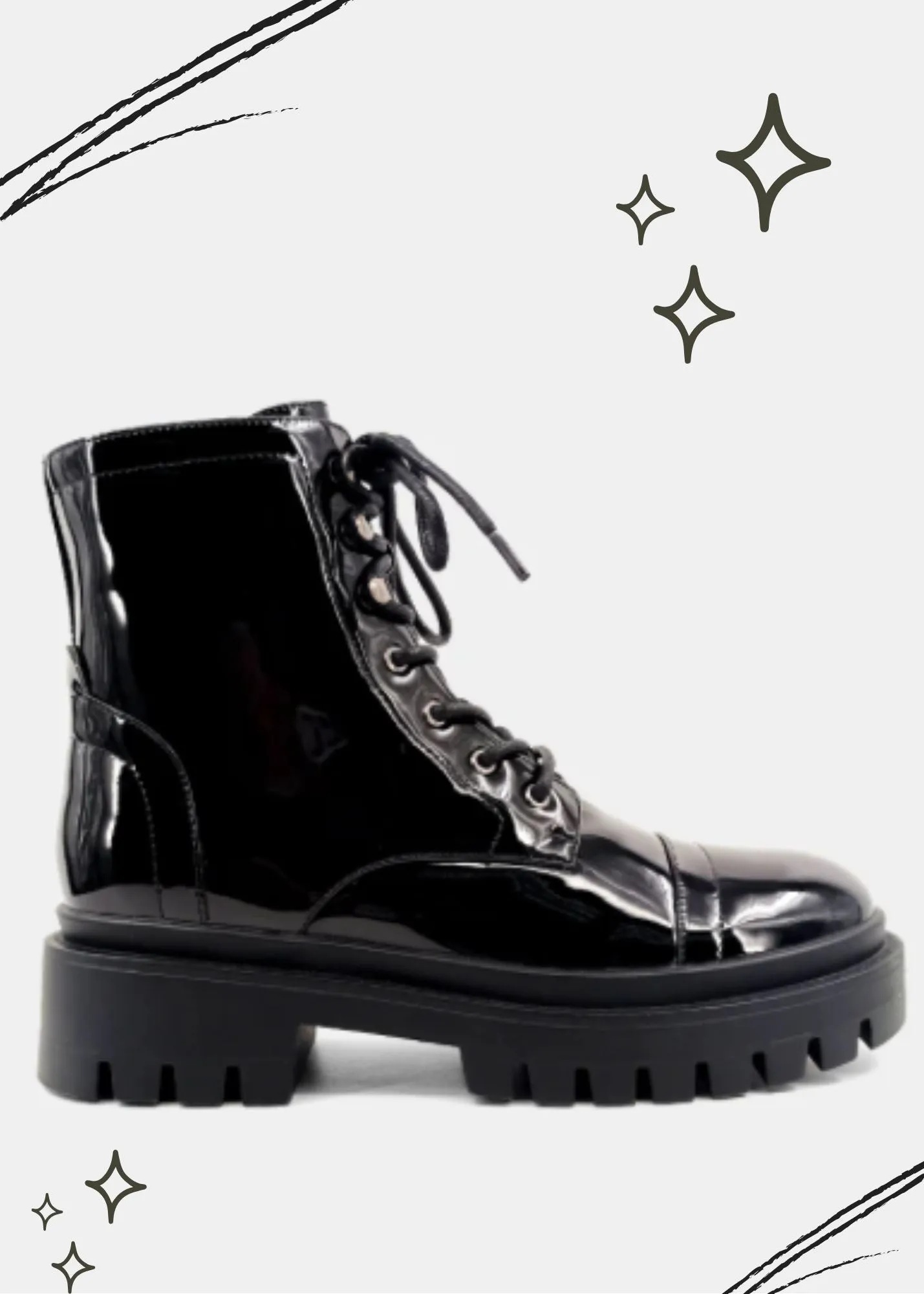 Ursula Black Patent Combat Boot