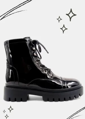 Ursula Black Patent Combat Boot