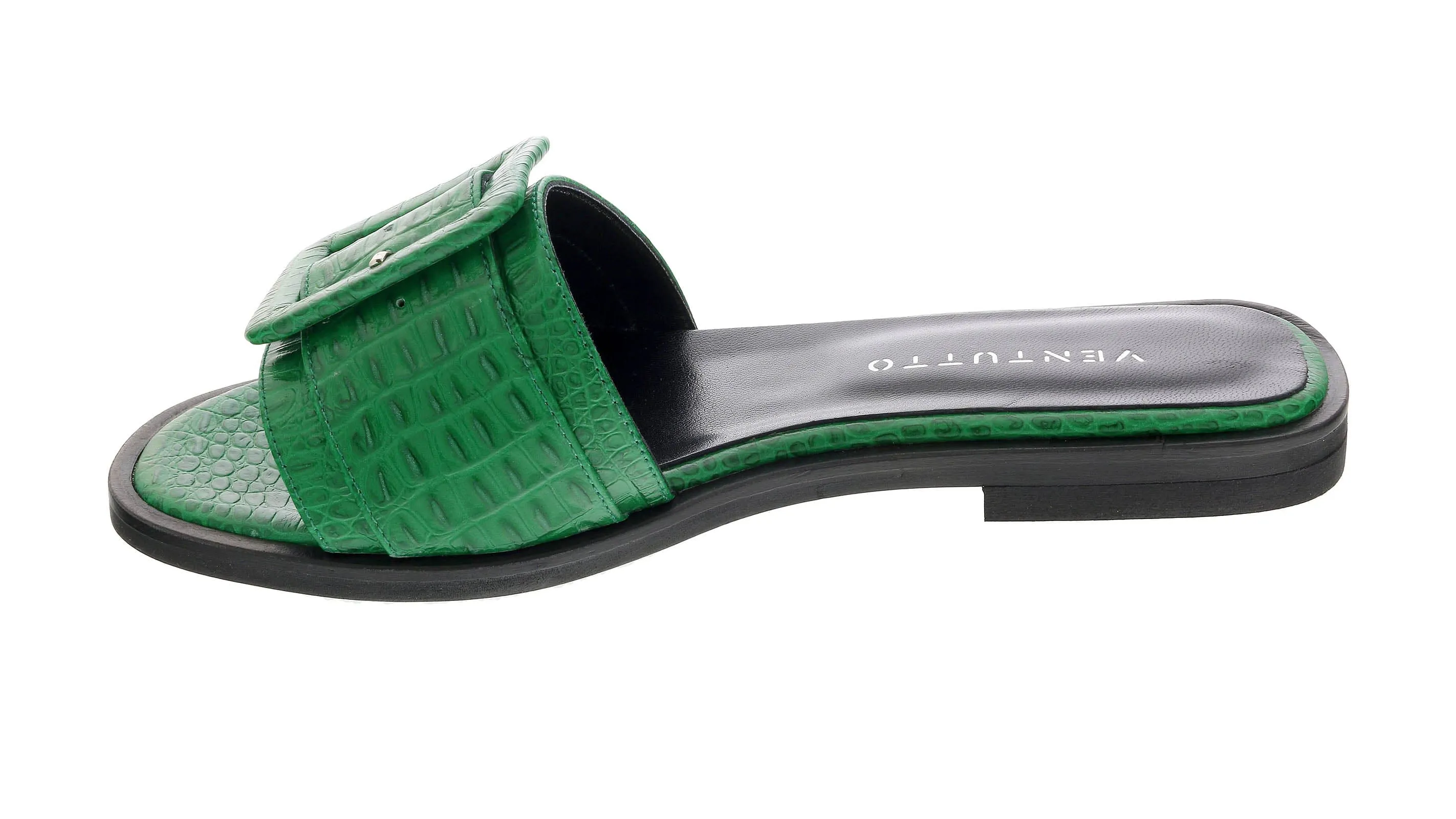 Ventutto Green Wide Buckle Flat Leather Slide-
