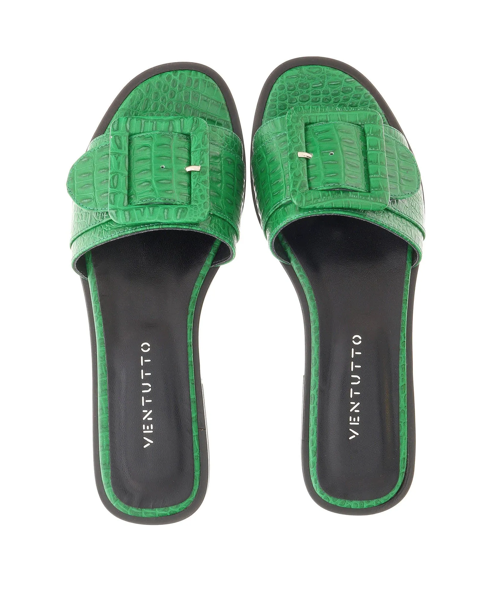 Ventutto Green Wide Buckle Flat Leather Slide-