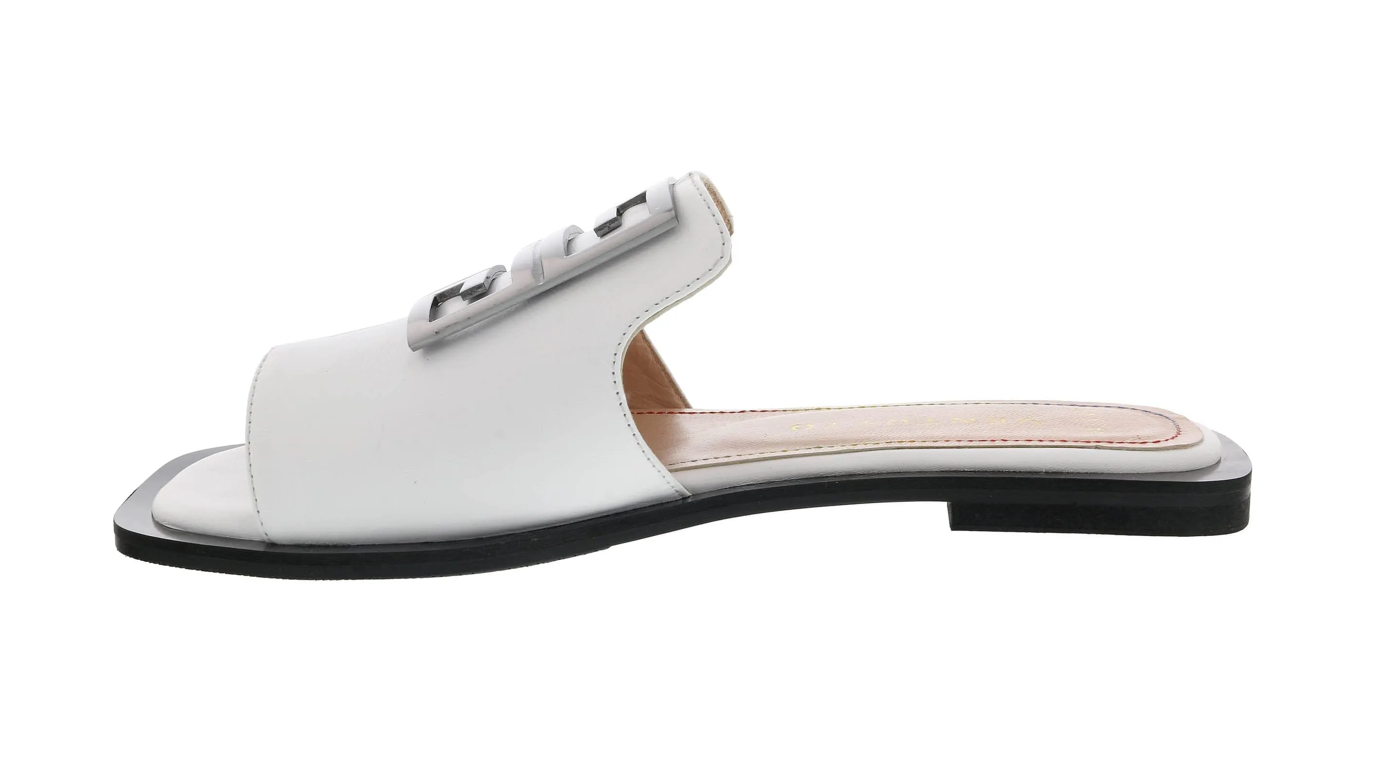 Ventutto White Crest Flat Leather Slide-