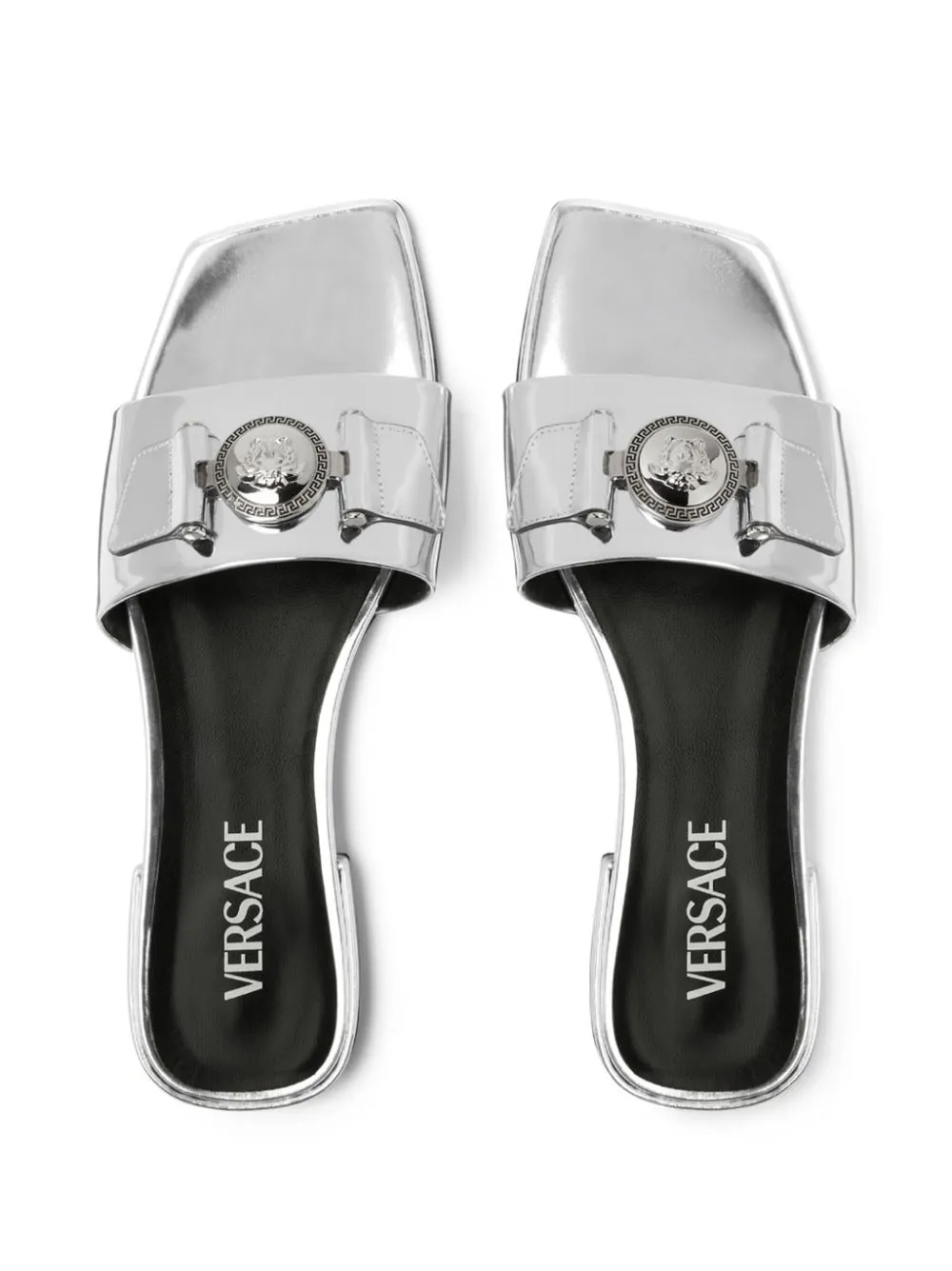 Versace Medusa Buckle Metallic Flat Sandal Mule in Silver