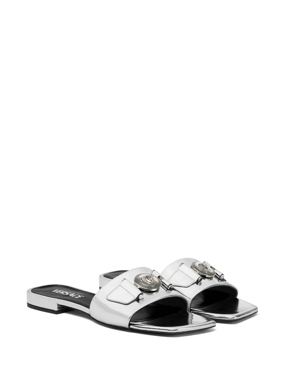 Versace Medusa Buckle Metallic Flat Sandal Mule in Silver