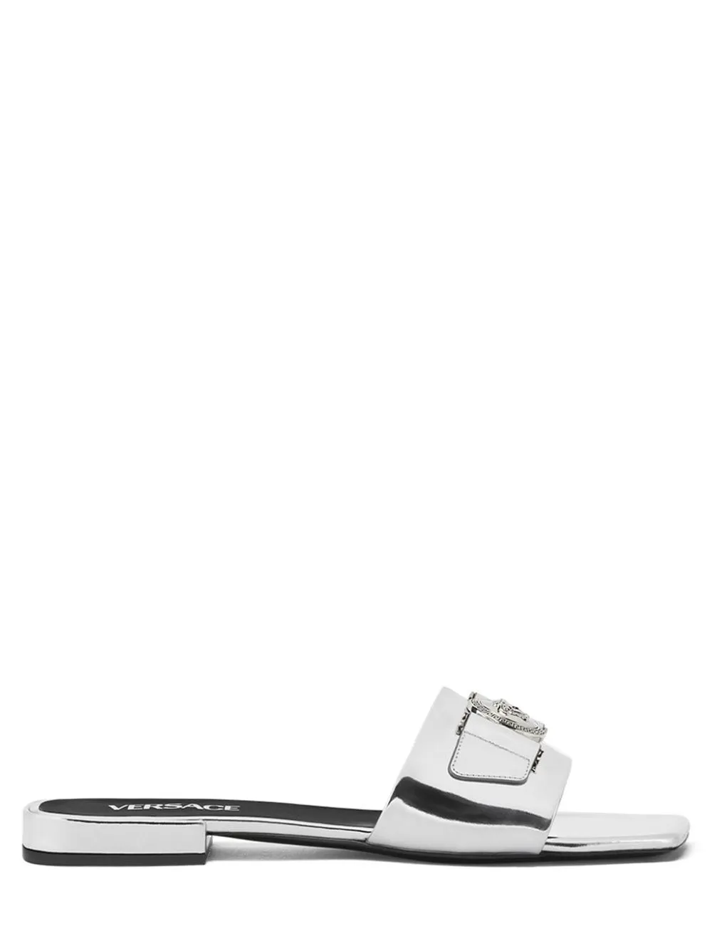 Versace Medusa Buckle Metallic Flat Sandal Mule in Silver